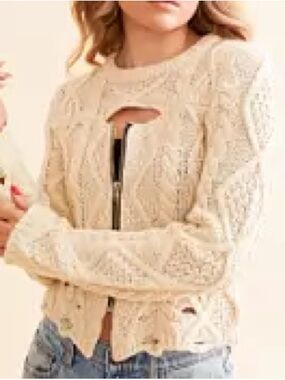 Gilded Intent Cream Cable Knit Sweater with Cutout